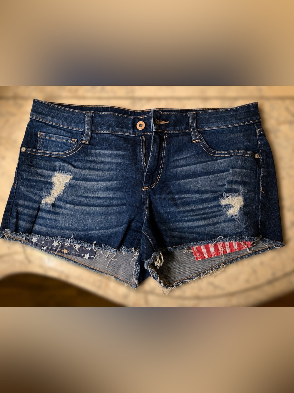 Arizona Jean Company Dark Blue Distressed Denim Shorts with Flag Accents